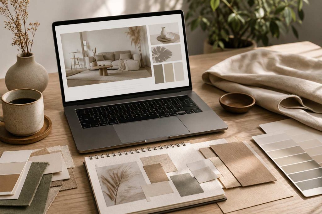 Workspace di un Brand e Web Designer con computer, moodboard e materiali creativi per la progettazione di un sito web professionale con il supporto dell’Intelligenza Artificiale.