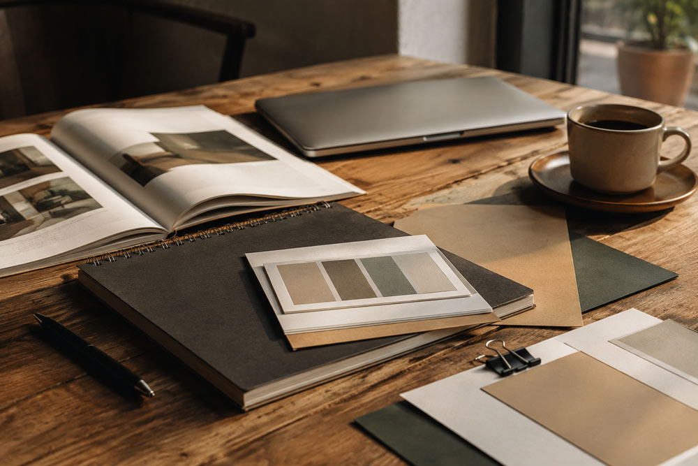 Designer al lavoro su una Brand Identity moderna con palette colori, materiali grafici e laptop all’interno di uno studio creativo.