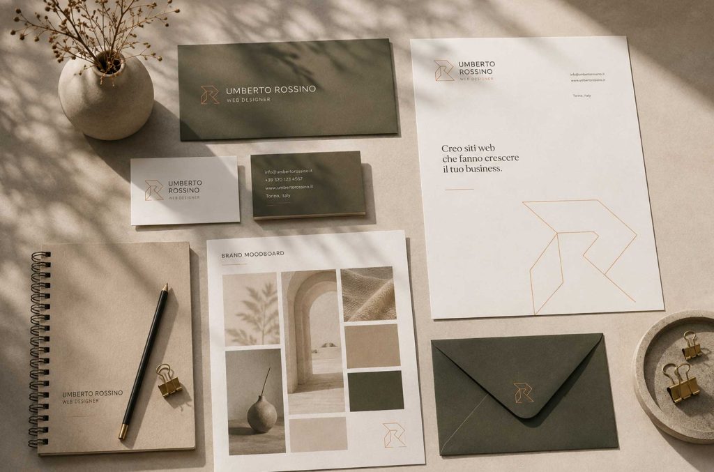 Materiale coordinato di Brand Identity con palette colori, logo, tipografia e strumenti di progettazione utilizzati per costruire un'immagine aziendale professionale.